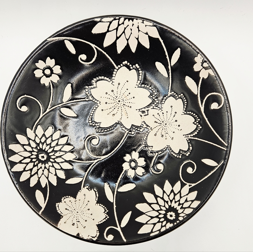 World Market Batik Floral Dip Dishes Black & Cream Stoneware Set Of 2 - Picture 4 of 6